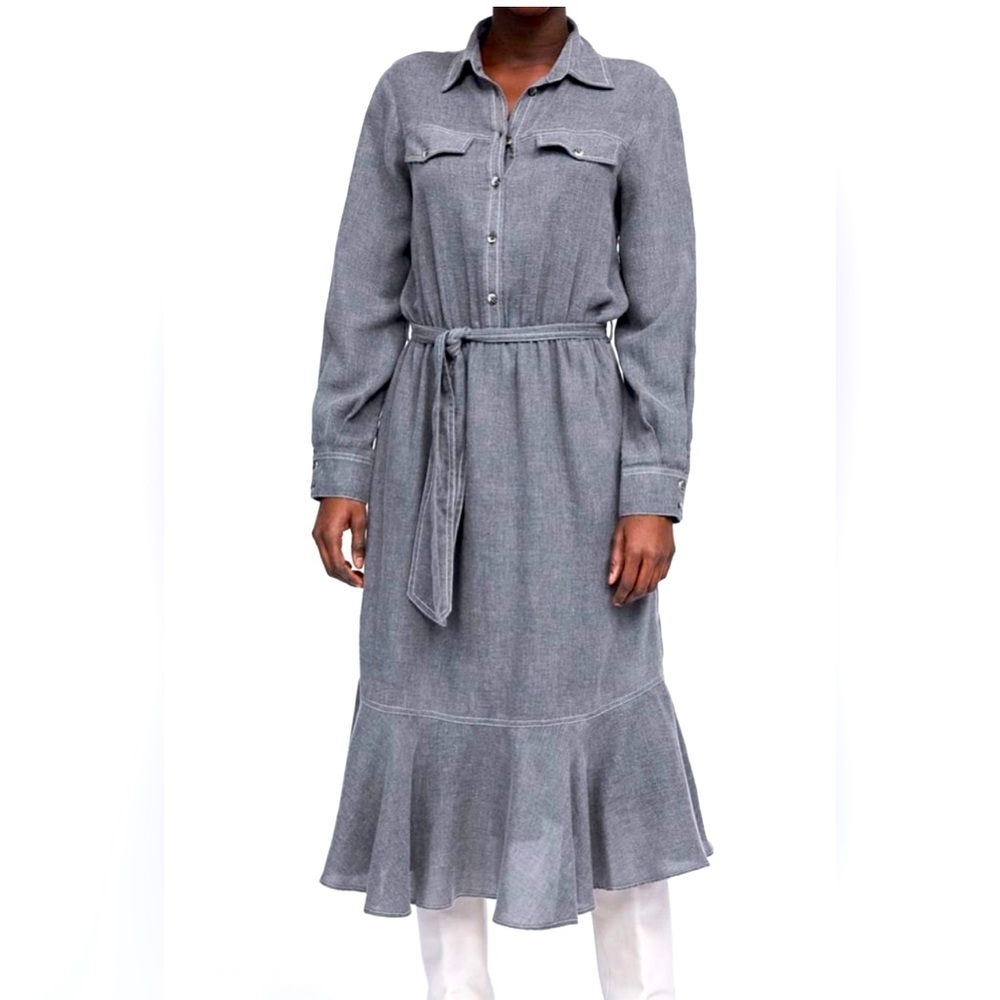 NWT ZARA Z1975 Denim COLLECTION. Contrast Stitching Belted Dress. Size SMALL.
